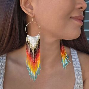 Rainbow Geo Long Boho Beaded Fringe Earrings Handmade Western Boheme